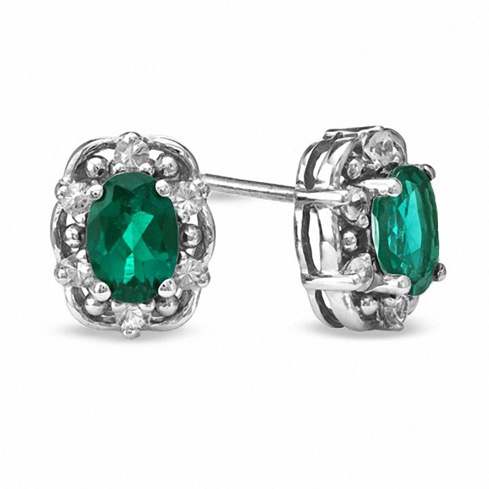 Oval Lab-Created Emerald and White Sapphire Earrings in Sterling Silver|Peoples Jewellers