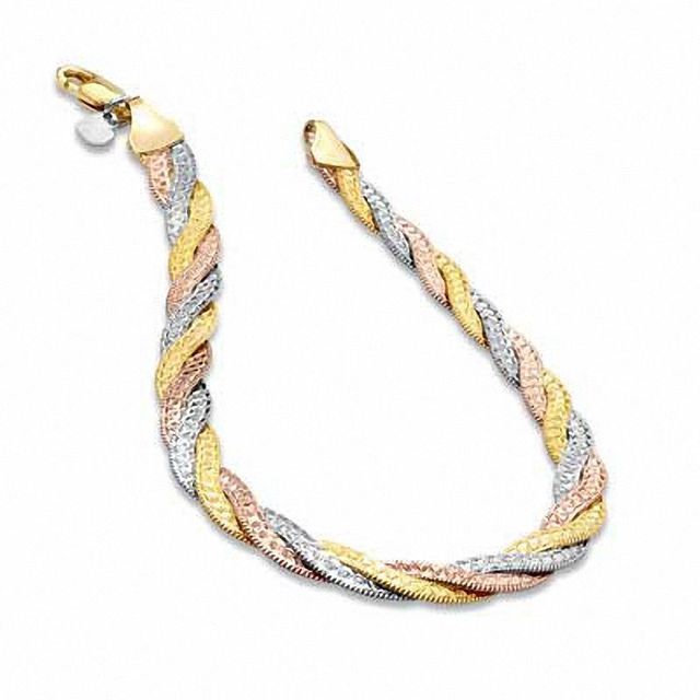 Ladies' Sterling Silver Braided Bracelet in 14K Tri-Tone Gold Plate - 7.5"