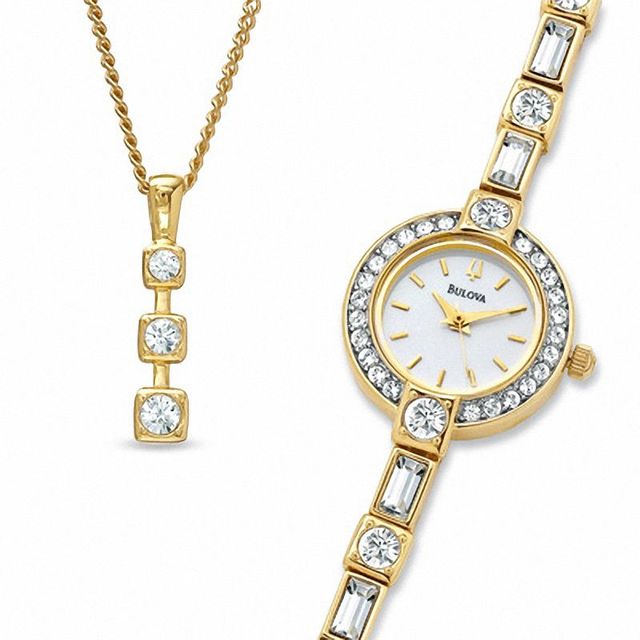 Ladies' Bulova Gold-Tone Watch and Necklace Boxed Set (Model: 98X106)|Peoples Jewellers