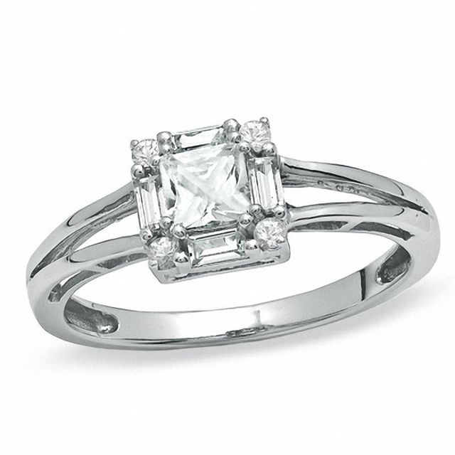 Princess-Cut Lab-Created White Sapphire Framed Ring in 10K White Gold|Peoples Jewellers