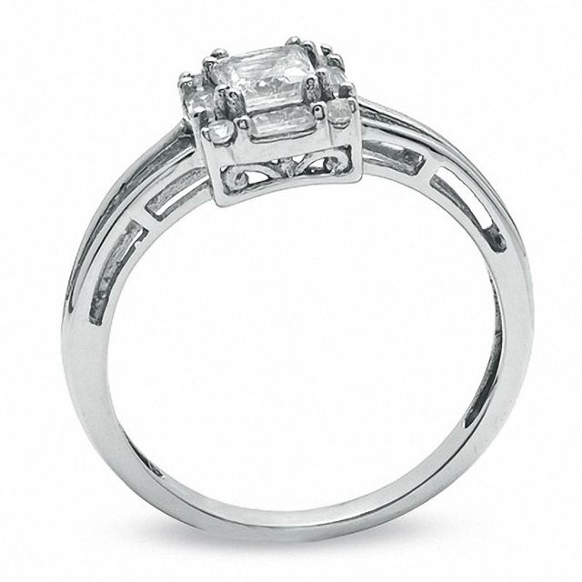 Princess-Cut Lab-Created White Sapphire Framed Ring in 10K White Gold|Peoples Jewellers