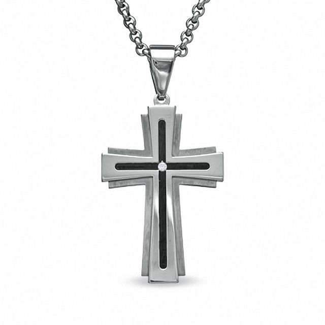 Men's Diamond Accent Cross Pendant in Stainless Steel with Black Inlay - 24"|Peoples Jewellers