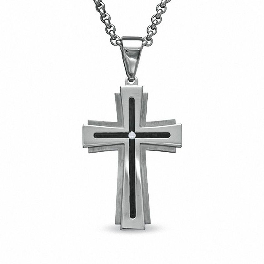 Men's Diamond Accent Cross Pendant in Stainless Steel with Black Inlay - 24"|Peoples Jewellers