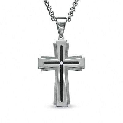 Men's Diamond Accent Cross Pendant in Stainless Steel with Black Inlay - 24"|Peoples Jewellers