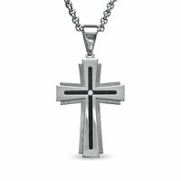 Men's Diamond Accent Cross Pendant in Stainless Steel with Black Inlay - 24"|Peoples Jewellers