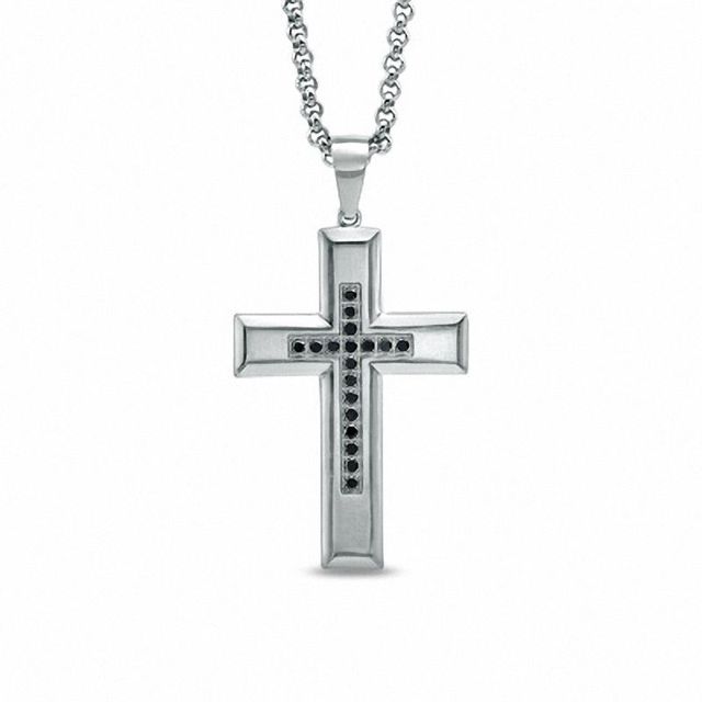 0.15 CT. T.W. Black Diamond Cross Pendant in Stainless Steel - 24"