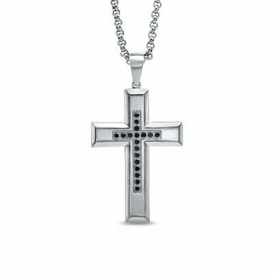 0.15 CT. T.W. Black Diamond Cross Pendant in Stainless Steel - 24"|Peoples Jewellers