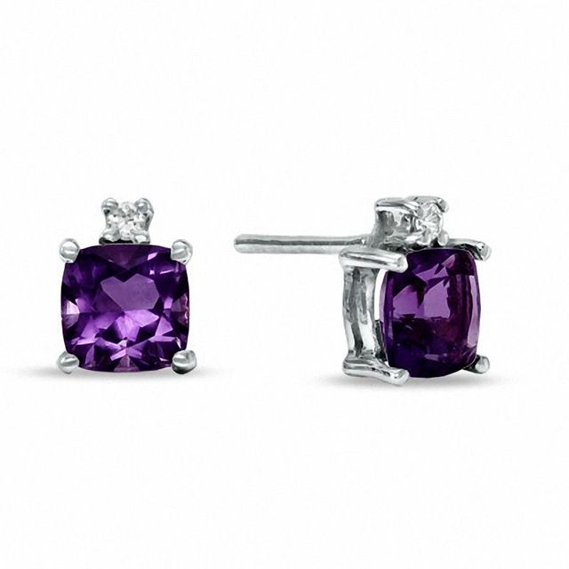5.0mm Cushion-Cut Amethyst and Lab-Created White Sapphire Earrings in 10K White Gold|Peoples Jewellers