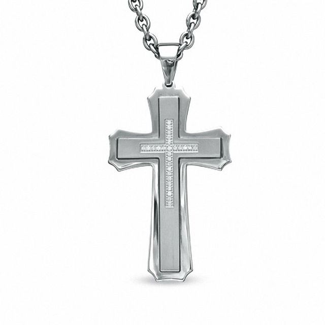 0.24 CT. T.W. Diamond Stacked Cross Pendant in Two-Tone Stainless Steel - 24"|Peoples Jewellers