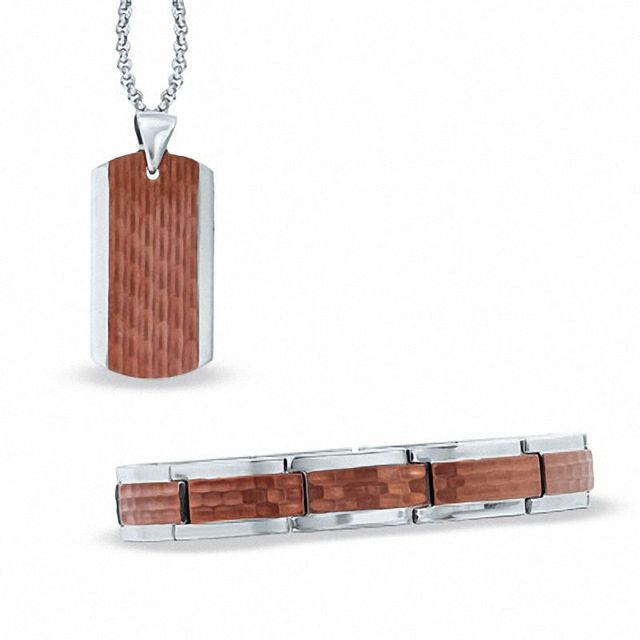 Men's Dog Tag Necklace and Bracelet Set in Two-Tone Stainless Steel|Peoples Jewellers