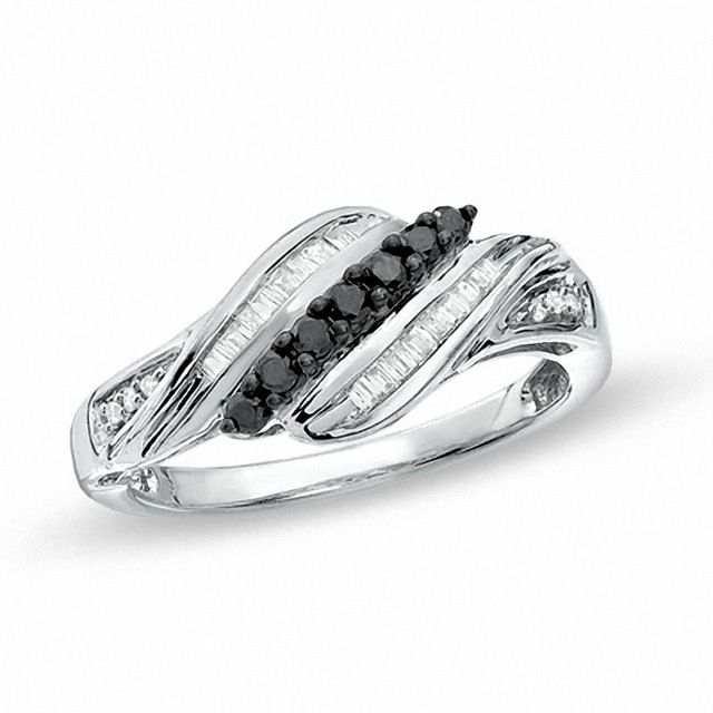 0.25 CT. T.W. Baguette Enhanced Black and White Diamond Fashion Ring in Sterling Silver|Peoples Jewellers