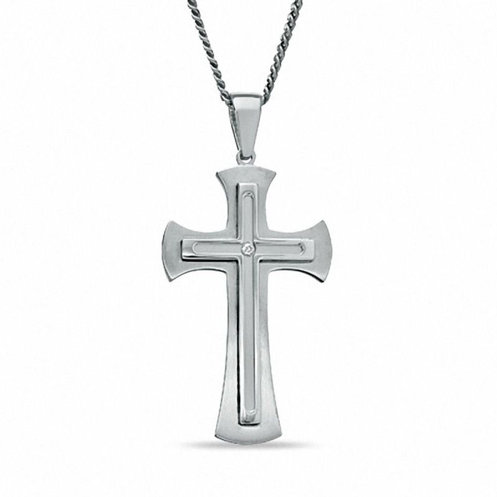 Men's Diamond Accent Cross Pendant in Stainless Steel - 24"|Peoples Jewellers