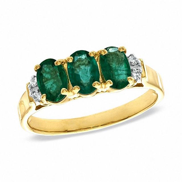 Oval Emerald and Diamond Accent Three Stone Ring in 10K Gold|Peoples Jewellers