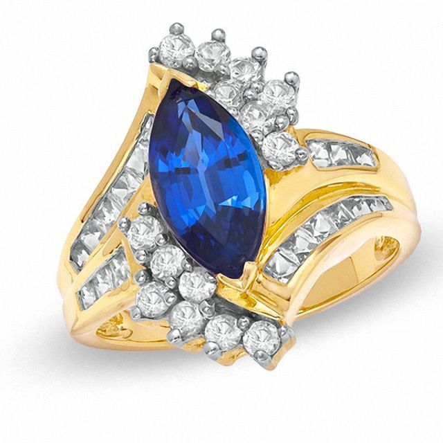 Marquise Lab-Created Blue and White Sapphire Ring in 10K Gold|Peoples Jewellers