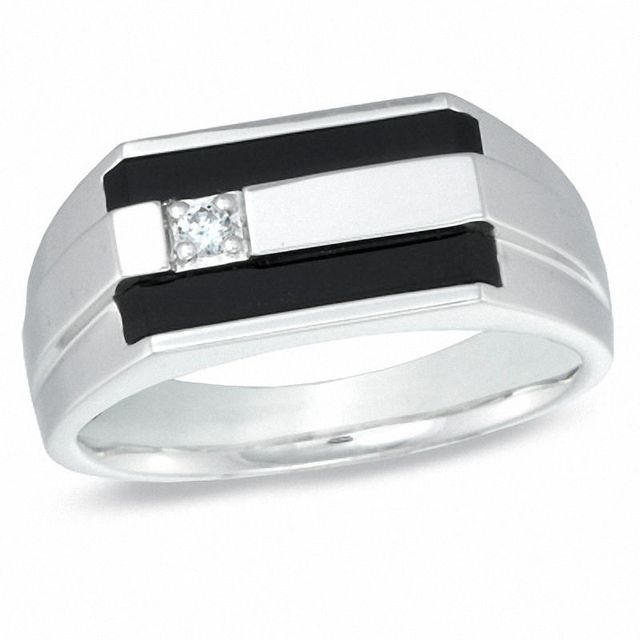 Men's Double Row Onyx and Diamond Accent Ring in 10K White Gold|Peoples Jewellers