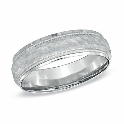 Men's 6.0mm Matte Hammered Wedding Band in 10K White Gold|Peoples Jewellers