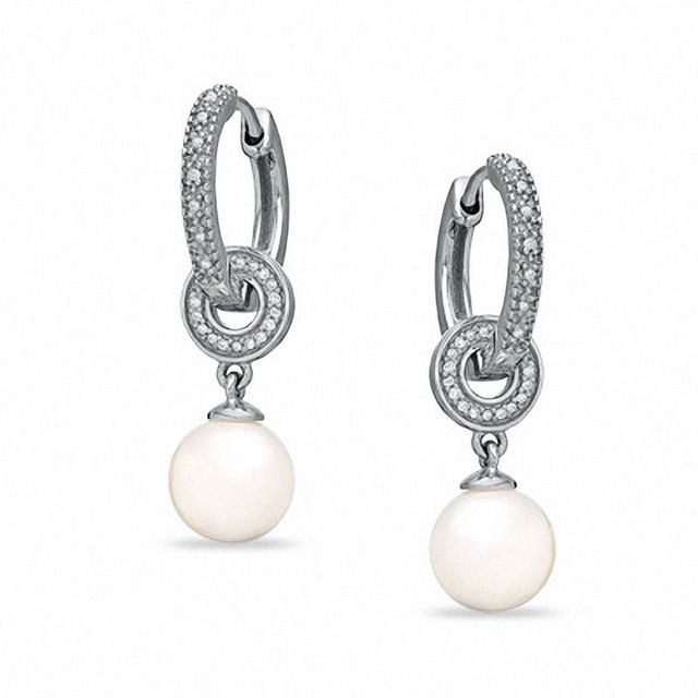 Honora 7.5-8.0m Freshwater Cultured Pearl and Diamond Accent Huggie Drop Earrings in Sterling Silver