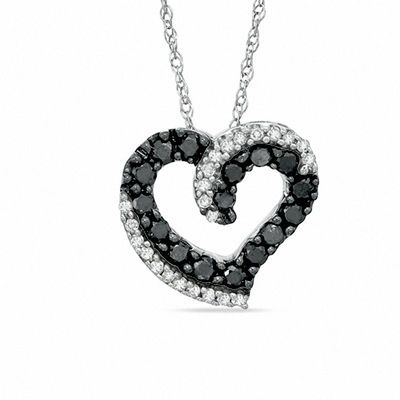 0.38 CT. T.W. Enhanced Black and White Diamond Double Heart Pendant in 10K White Gold|Peoples Jewellers