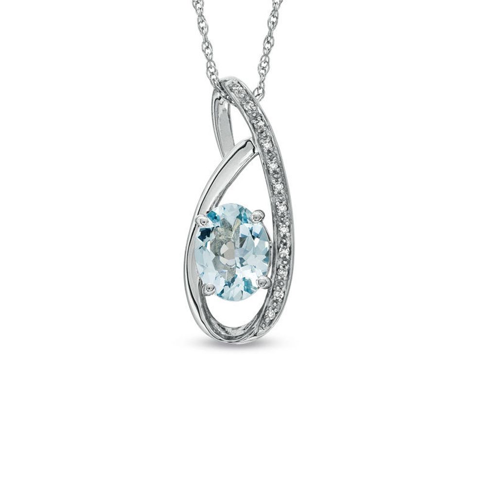 Oval Aquamarine and Diamond Accent Pendant in Sterling Silver|Peoples Jewellers