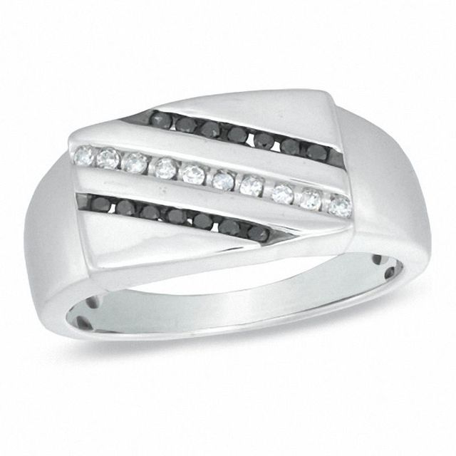 Men's 0.25 CT. T.W. Enhanced Black and White Diamond Flat-Top Ring in Sterling Silver|Peoples Jewellers