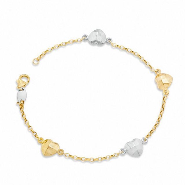 Heart Station Bracelet in Sterling Silver with 14K Tri-Tone Gold Plate - 7.5"