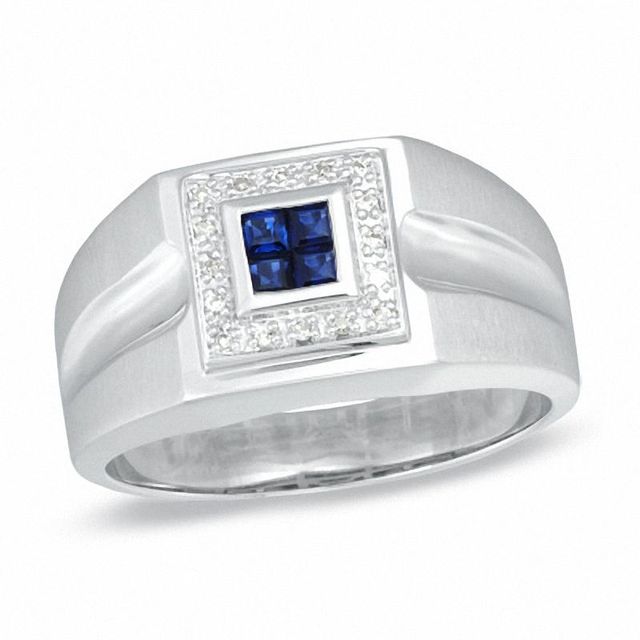 Men's Square Quad Blue Sapphire and Diamond Accent Ring in 10K White Gold