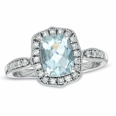Cushion-Cut Aquamarine and Lab-Created White Sapphire Frame Ring in Sterling Silver|Peoples Jewellers
