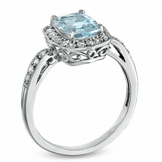 Cushion-Cut Aquamarine and Lab-Created White Sapphire Frame Ring in Sterling Silver|Peoples Jewellers