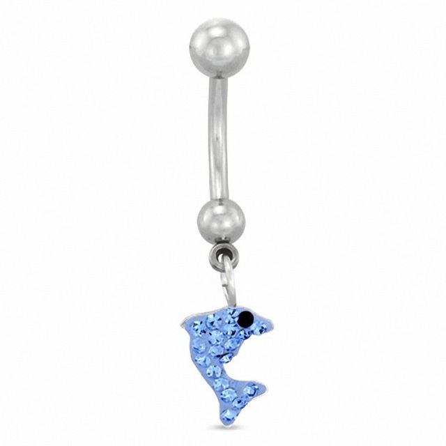 014 Gauge Dolphin Dangle Belly Button Ring with Blue Crystals in Stainless Steel|Peoples Jewellers