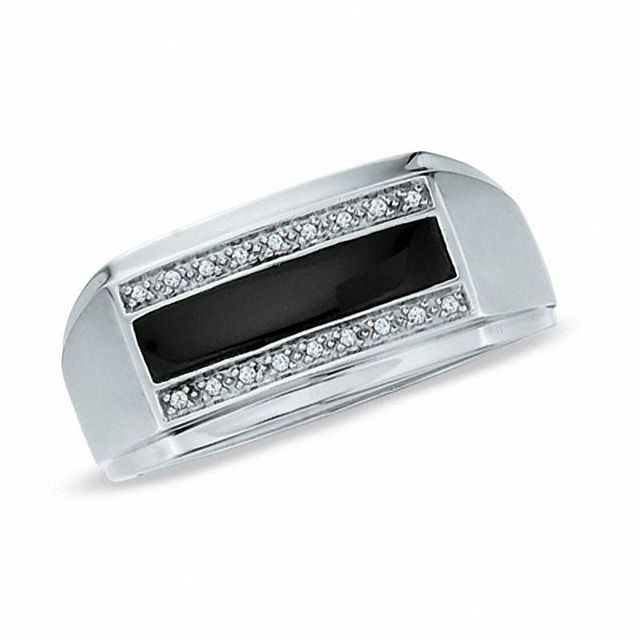 Men's Onyx and Diamond Accent Ring in 10K White Gold|Peoples Jewellers