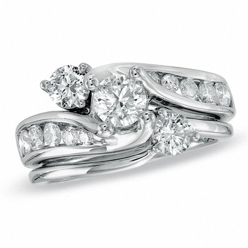 1.50 CT. T.W. Diamond Three Stone Slant Bridal Set in 14K White Gold|Peoples Jewellers