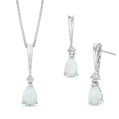 Pear-Shaped Lab-Created Opal and Diamond Accent Pendant and Earrings Set in Sterling Silver|Peoples Jewellers