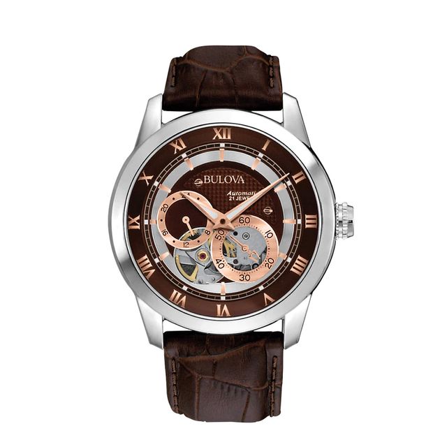 Men's Bulova Mechanical Strap Watch with Brown Skeleton Dial (Model: 96A120)|Peoples Jewellers