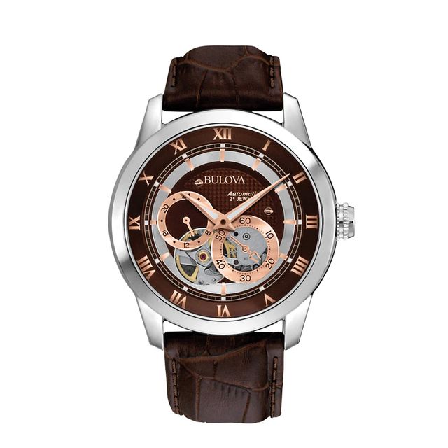 Men's Bulova Mechanical Strap Watch with Brown Skeleton Dial (Model: 96A120)