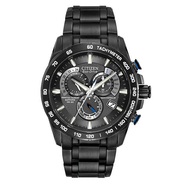 Men's Citizen Eco-Drive® Perpetual A-T Chronograph Black IP Watch with Black Dial (Model: AT4007-54E)