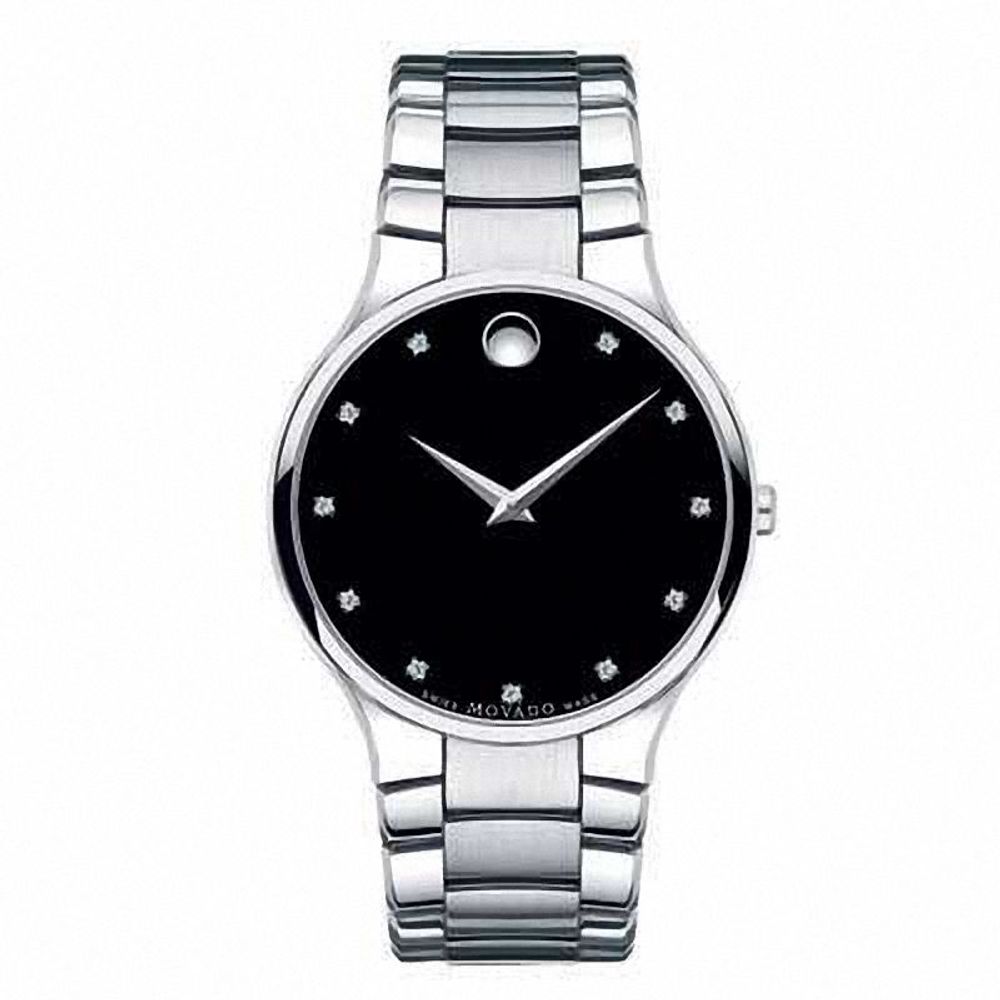 Men's Movado Serio Diamond Accent Watch with Round Black Museum Dial (Model: 606490)|Peoples Jewellers