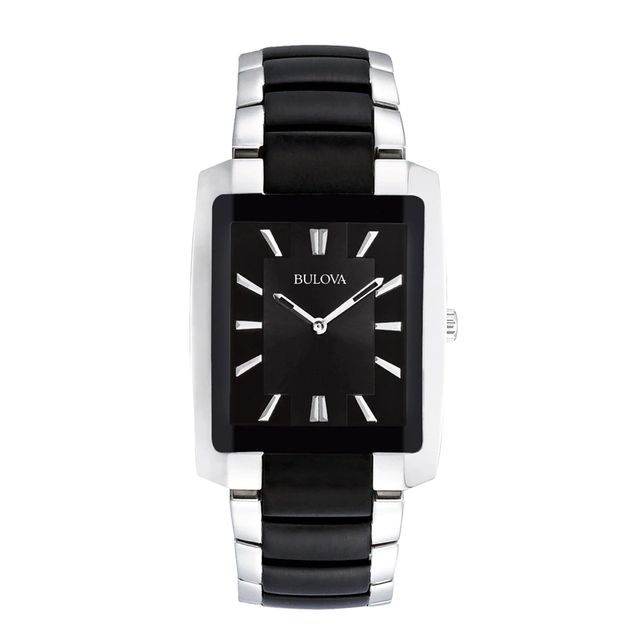 Men's Bulova Two-Tone Watch with Rectangular Black Dial (Model: 98A117)|Peoples Jewellers