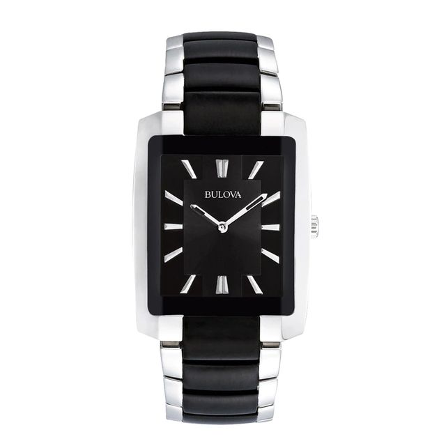 Men's Bulova Two-Tone Watch with Rectangular Black Dial (Model: 98A117)