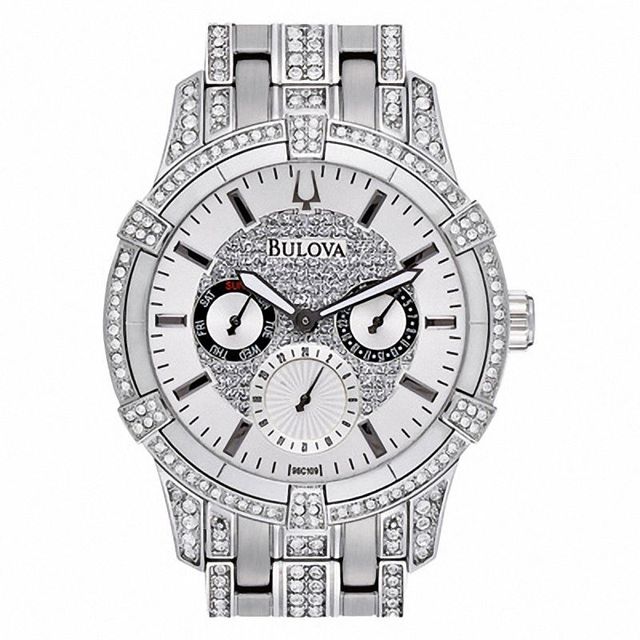 Men's Bulova Crystal Accent Watch with Round Silver-Tone Dial (Model: 96C109)|Peoples Jewellers