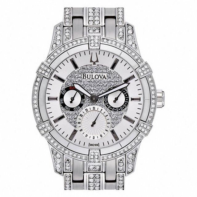 Men's Bulova Crystal Accent Watch with Round Silver-Tone Dial (Model: 96C109)