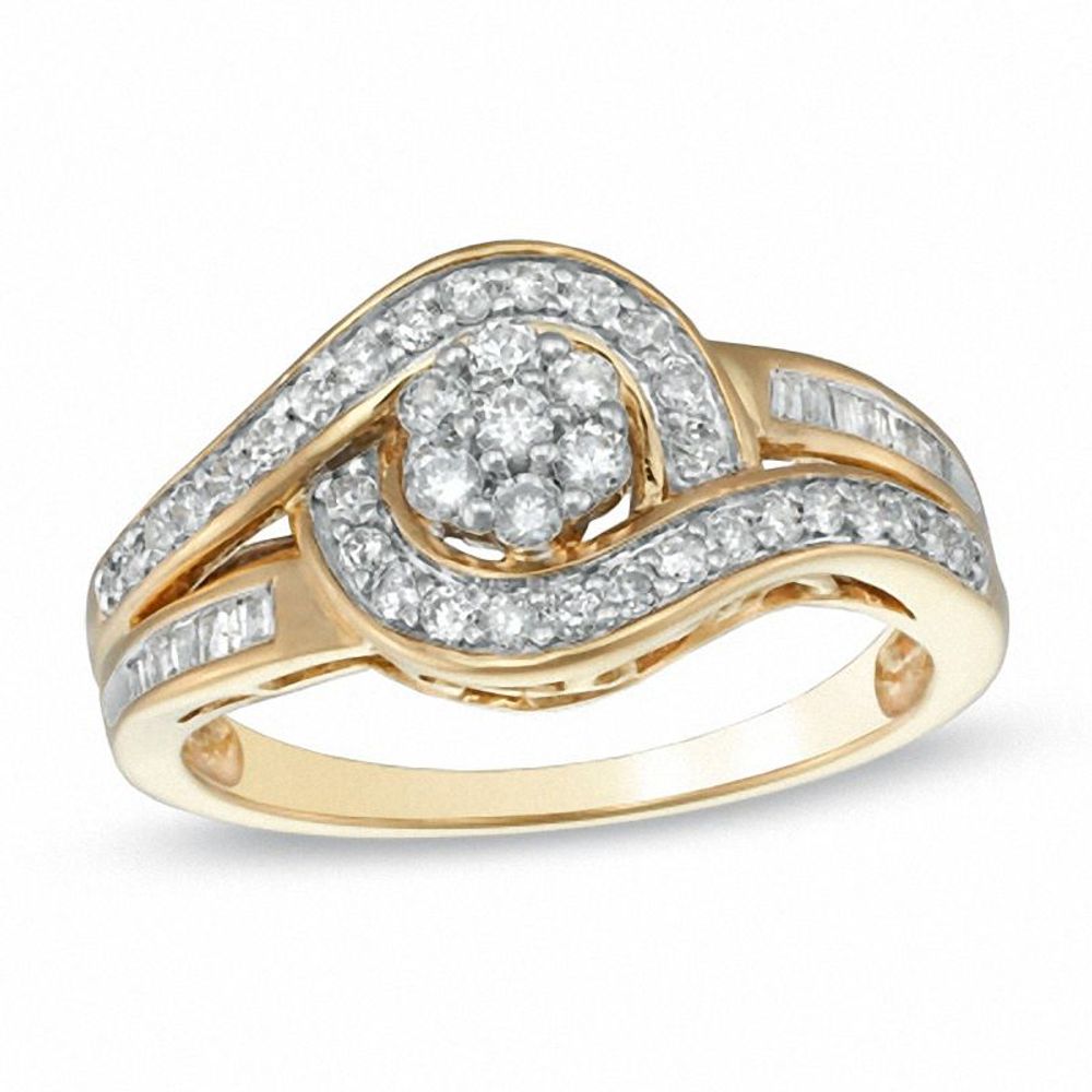 0.50 CT. T.W. Baguette and Round Diamond Cluster Bypass Ring in 10K Gold|Peoples Jewellers