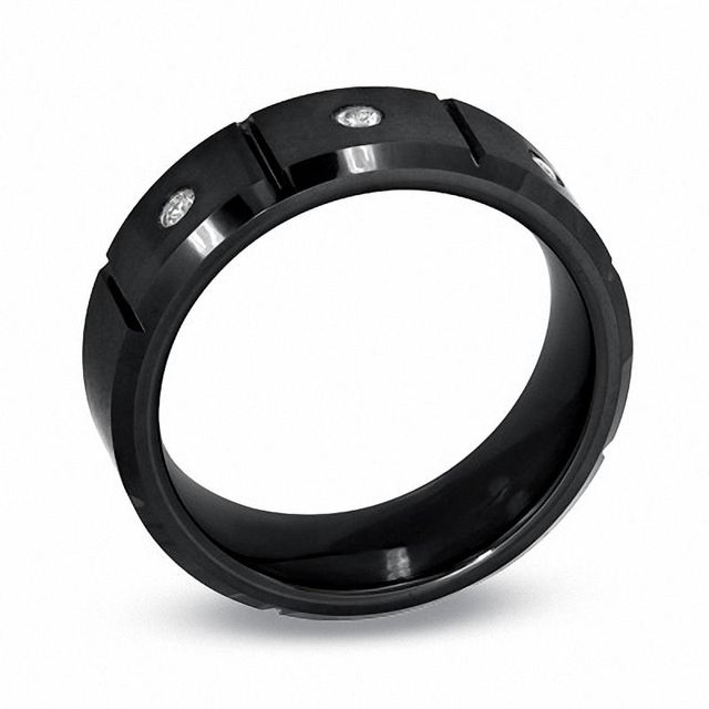 Men's 0.09 CT. T.W. Diamond Three Stone Black IP Tungsten Wedding Band - Size 10