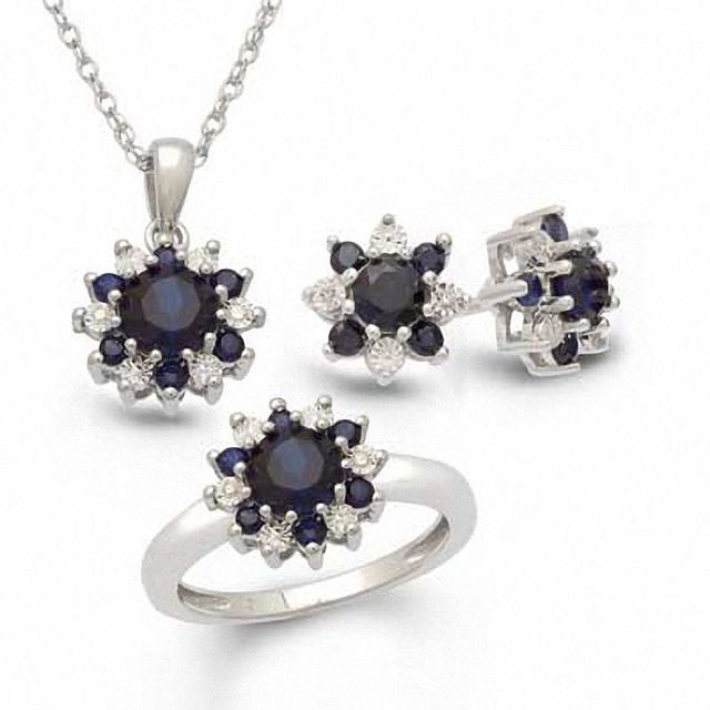 Lab-Created Blue Sapphire and Diamond Accent Flower Pendant, Ring and Earrings Set in Sterling Silver - Size 7|Peoples Jewellers