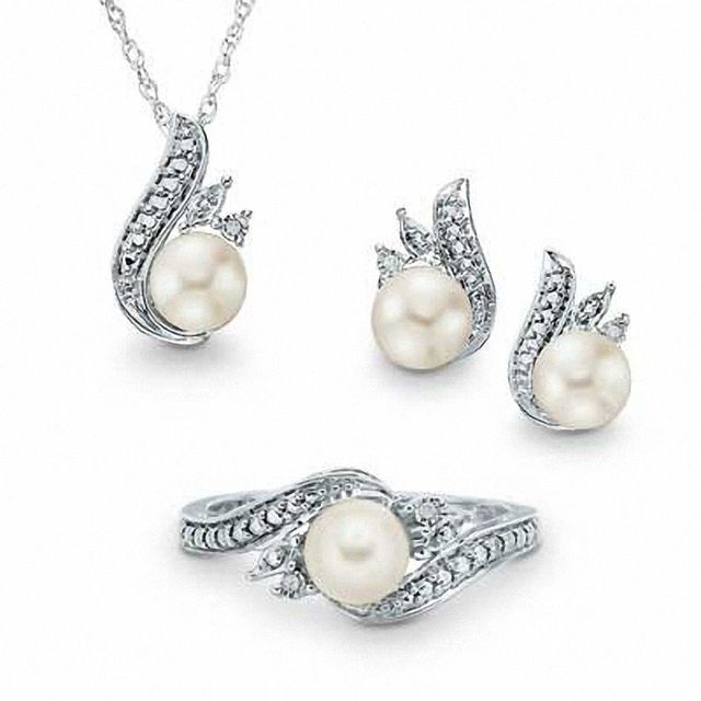 5.5 - 6.5mm Cultured Freshwater Pearl and Diamond Accent Pendant, Ring and Earrings Set in Sterling Silver - Size 7|Peoples Jewellers