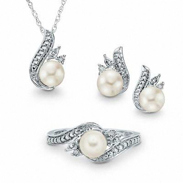 5.5-6.5mm Freshwater Cultured Pearl and Diamond Accent Pendant, Ring and Earrings Set in Sterling Silver-Size 7