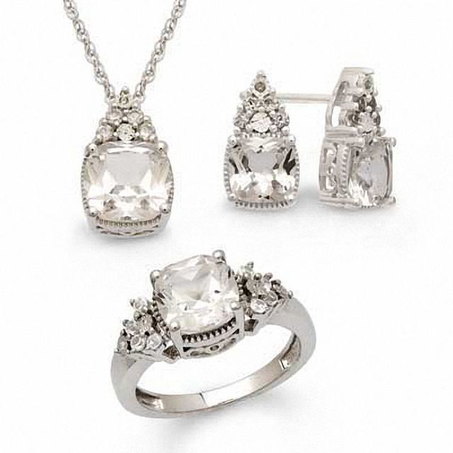 Cushion-Cut Lab-Created White Sapphire and Diamond Accent Pendant, Ring and Earrings Set in Sterling Silver - Size 7|Peoples Jewellers