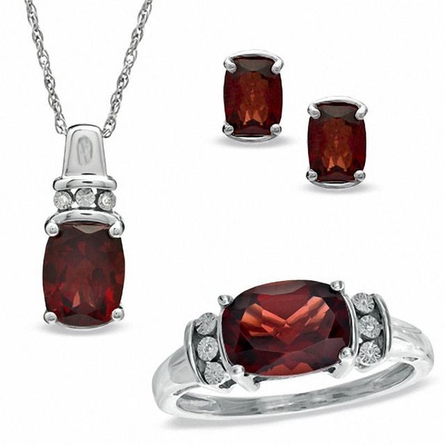 Cushion-Cut Garnet and Diamond Accent Pendant, Ring and Earrings Set in Sterling Silver - Size 7|Peoples Jewellers