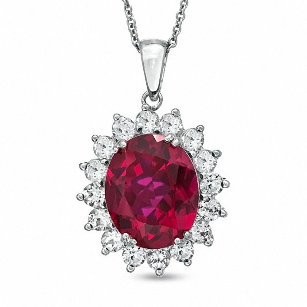 Oval Lab-Created Ruby and White Sapphire Frame Pendant in Sterling Silver|Peoples Jewellers