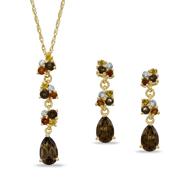 Multi Semi-Precious Gemstone and Diamond Accent Pendant and Earrings Set in Sterling Silver with 14K Gold Plate