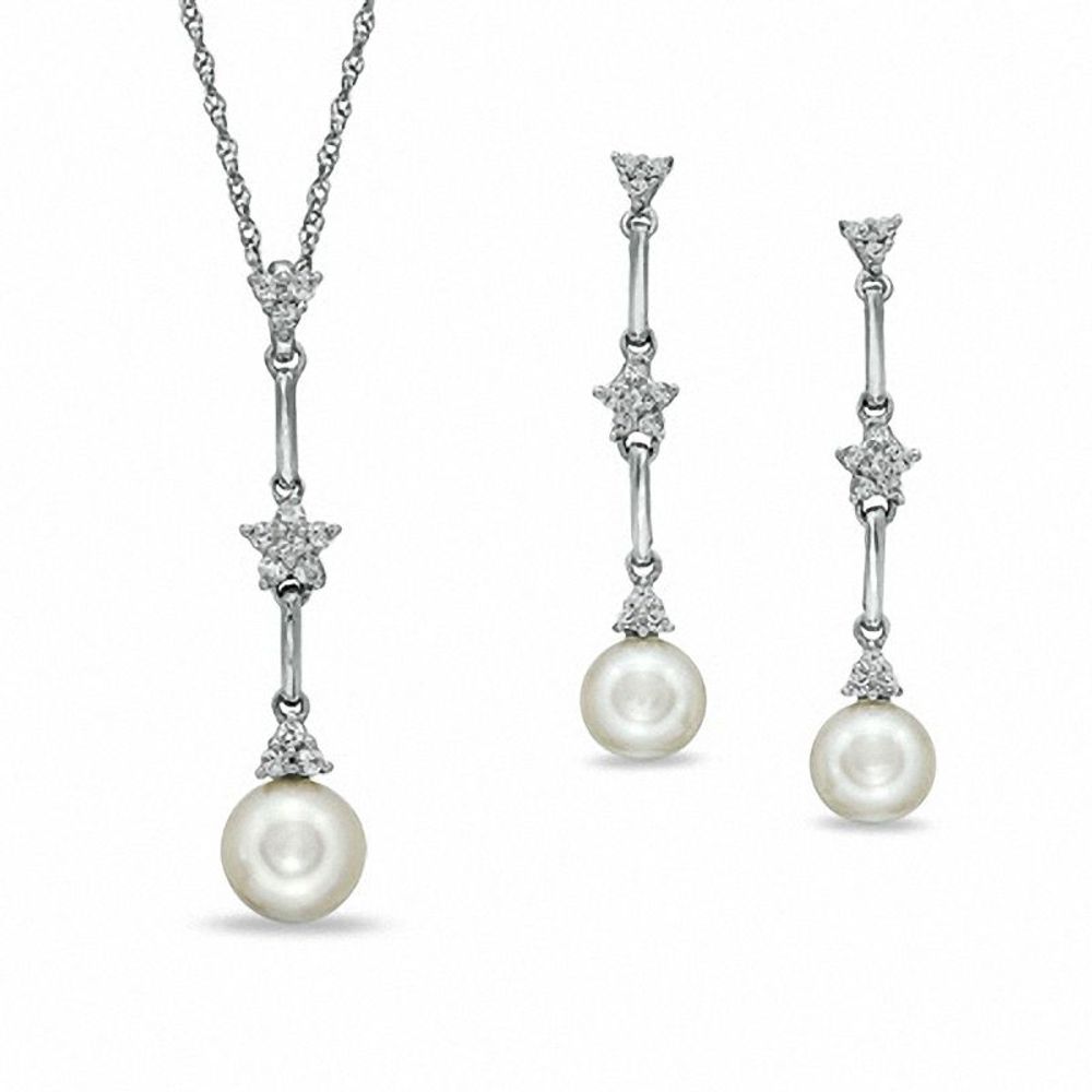 6.5-8.0mm Freshwater Cultured Pearl and Lab-Created White Sapphire Pendant and Earrings Set in Sterling Silver|Peoples Jewellers